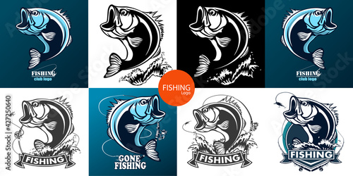 Fishing bass logo. Bass fish with rod club emblem. Fishing theme illustration. Fish Isolated on white.