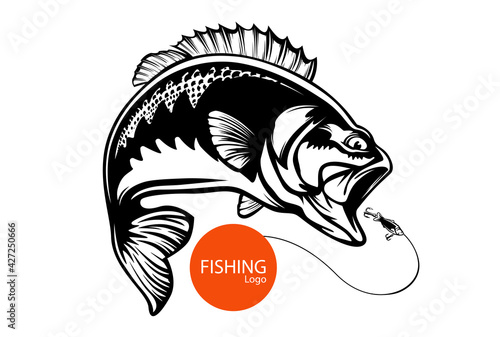 Fishing bass logo. Bass fish with rod club emblem. Fishing theme illustration. Fish Isolated on white.