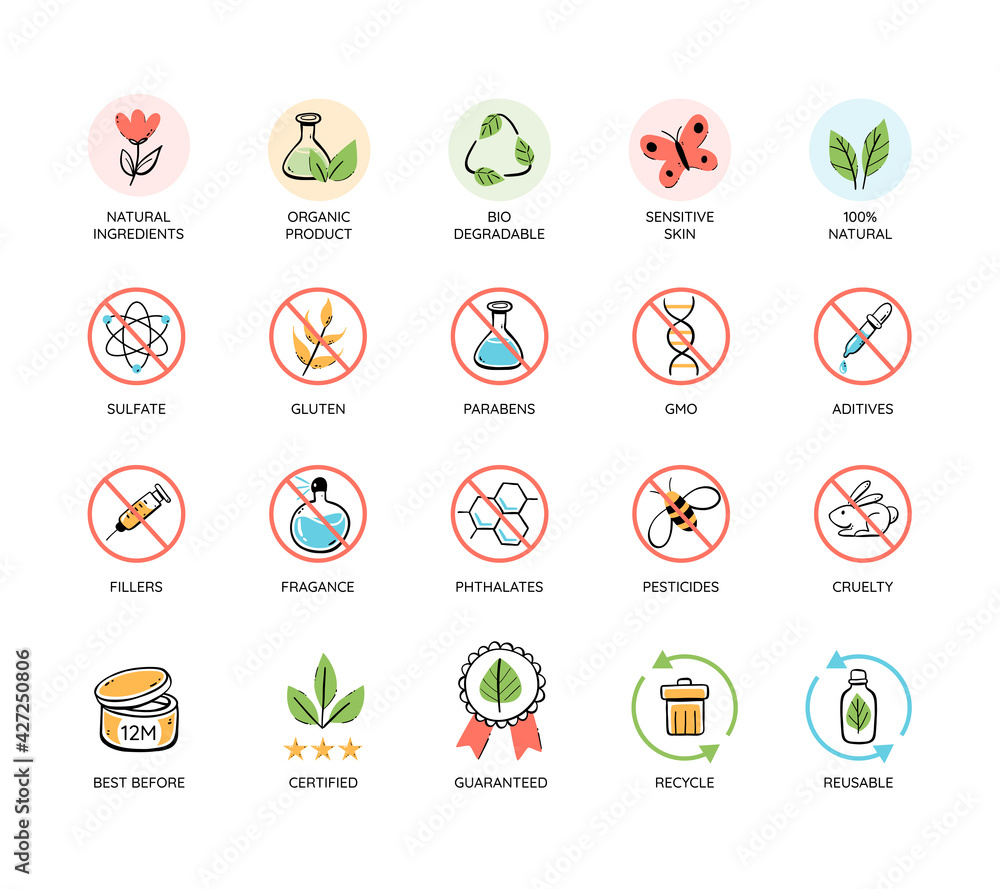 Natural and organic products icon set. Toxic-free emblems. No animal-tested natural cosmetic icons. Recycle and reuse. Colorful vector illustration. Natural and organic products icon set. Toxic-free emblems. No animal-tested natural cosmetic icons. Recycle and reuse. Colorful vector illustration.