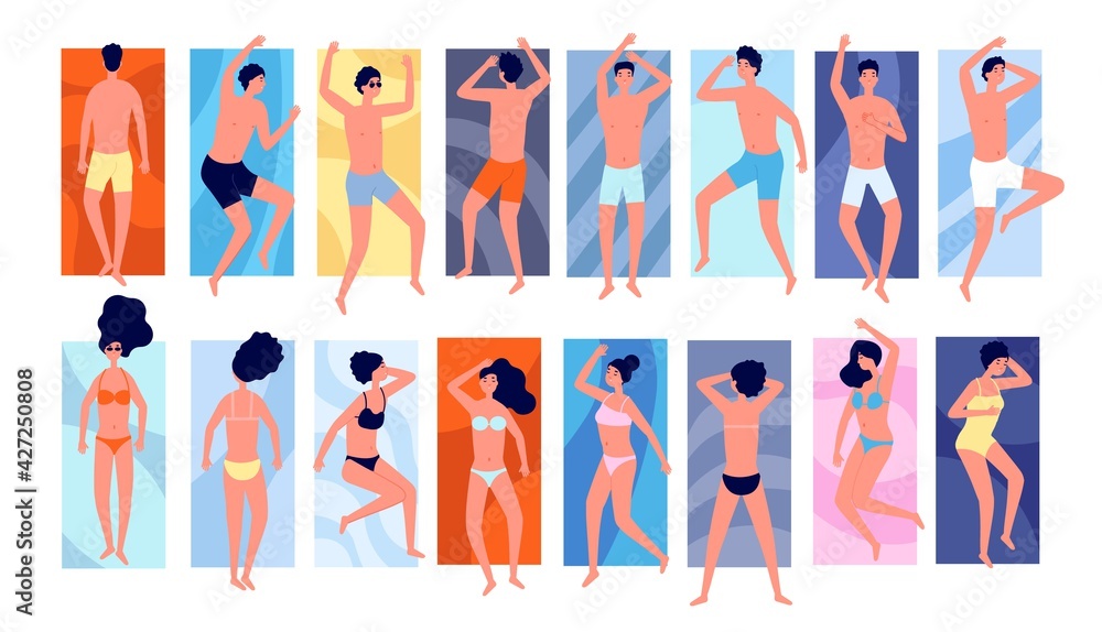 People sunbathe. Isolated persons on towels, tanning friends vacations. Girl outdoor summer relax, flat pool beach holidays utter vector set People sunbathe. Isolated persons on towels, tanning friends vacations. Girl outdoor summer relax, flat pool beach holidays utter vector set
