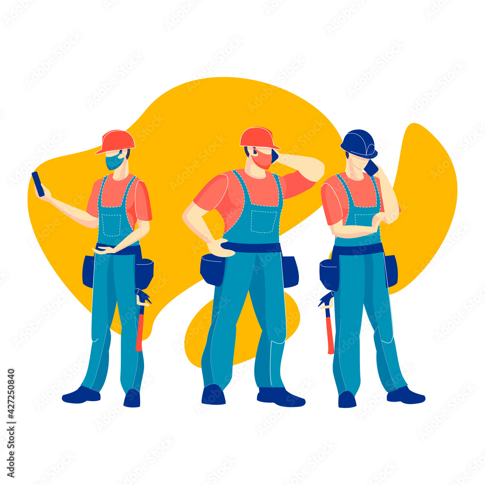 Naklejka premium Builders, group illustration. Workers in overalls run to the rescue with a first aid kit.Vector illustration. Industrial theme. Episode from the life of workers. Carpenters.