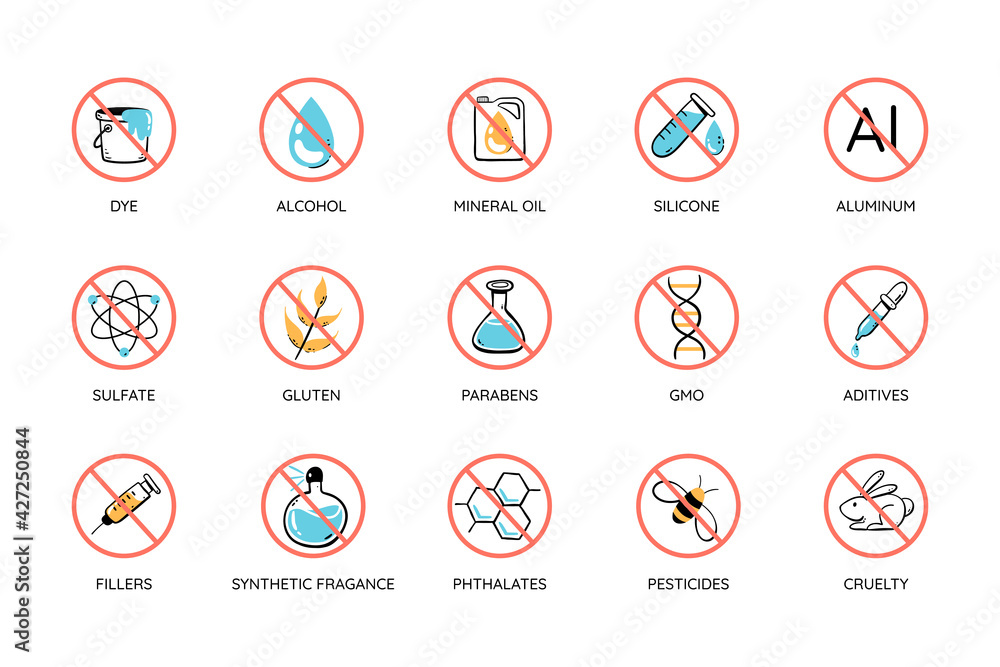 Colorful toxic-free icon set. Cruelty-free, free toxic: alcohol, mineral oil, silicone, aluminum, sulfates, parabens... Perfect for natural cosmetic products. Vector illustration. Colorful toxic-free icon set. Cruelty-free, free toxic: alcohol, mineral oil, silicone, aluminum, sulfates, parabens... Perfect for natural cosmetic products. Vector illustration.