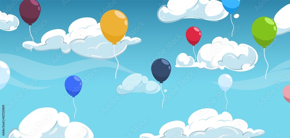 Flying balloons. Blue cloudy sky and colorful balloon. Graduation, anniversary or festival, carnival vector background