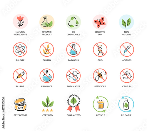 Natural and organic products icon set. Toxic-free emblems. No animal-tested natural cosmetic icons. Recycle and reuse. Colorful vector illustration.