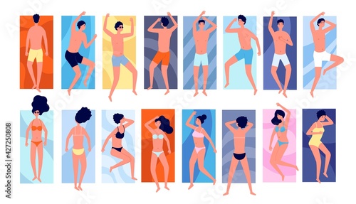 People sunbathe. Isolated persons on towels, tanning friends vacations. Girl outdoor summer relax, flat pool beach holidays utter vector set