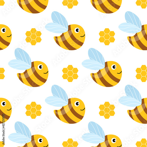 Seamless pattern with bees and honeycombs on white background. Small wasp. Vector illustration. Adorable cartoon character. Template design for invitation  cards  textile  fabric. Doodle style