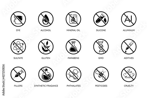 Toxic-free icon set. Monochromatic design. Cruelty-free, free toxic: alcohol, mineral oil, silicone, aluminum, sulfates, parabens... Perfect for natural cosmetic products. Vector illustration.