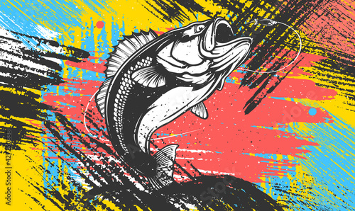 Fishing bass logo. Bass fish with rod club emblem. Fishing theme illustration. Fish Isolated on white.