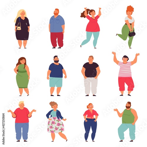 Plus size people. Big woman, chubby models characters in fashion casual cloth. Plump man, isolated overweight person decent vector set