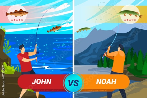 Fisherman in nature, competition men in fishing, active sport, pond with fish, design in cartoon style, vector illustration.