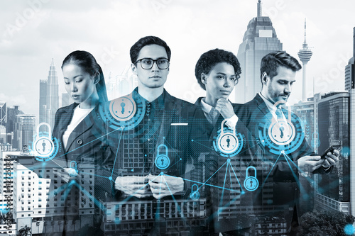 Canvas Print Group of business colleagues as a part of multinational corporate team working on project to protect clients information at cybersecurity compliance division