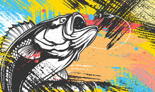 Fishing bass logo. Bass fish with rod club emblem. Fishing theme illustration. Fish Isolated on white.