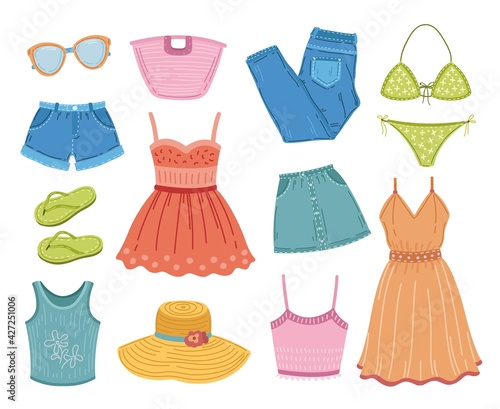 Fashion summer clothes. Clothing clipart, flat dress swimsuit textile. Vacation outfit, sundress and shorts, trendy apparel exact vector set