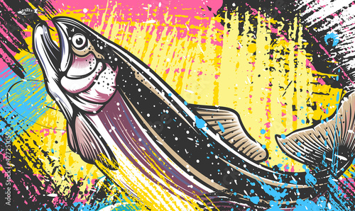 Salmon fishing  logo. Rainbow trout fish club emblem. Fishing theme illustration. Isolated on white.