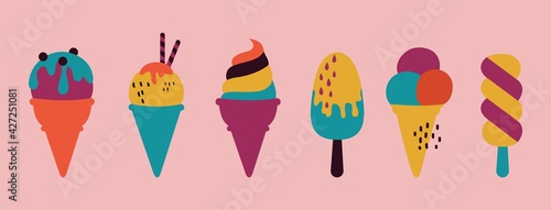 Ice cream. Doodle cold sweet dessert, creamy delicious food. Cafe or cafeteria, cute modern style cones and popsicle vector set