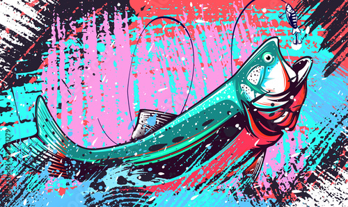 Salmon fishing  logo. Rainbow trout fish club emblem. Fishing theme illustration. Isolated on white.