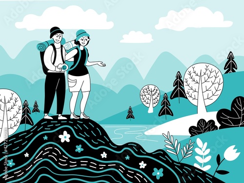 People looking nature. Men adventure, couple explore horizont. Man woman stand on mountain with backpacks, travellers or hikers decent vector concept