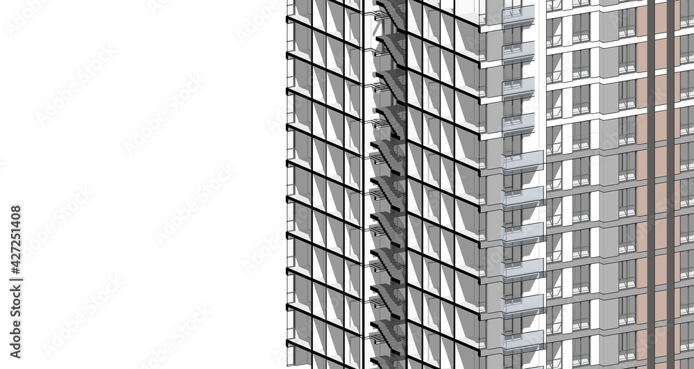 Partial 3d cross section perspective of a residential building. Pastel colored 3d illustration in black colored cuts on white background. Partial 3d cross section perspective of a residential building. Pastel colored 3d illustration in black colored cuts on white background.