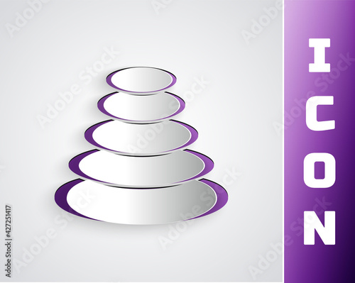 Paper cut Stack hot stones icon isolated on grey background. Spa salon accessory. Paper art style. Vector