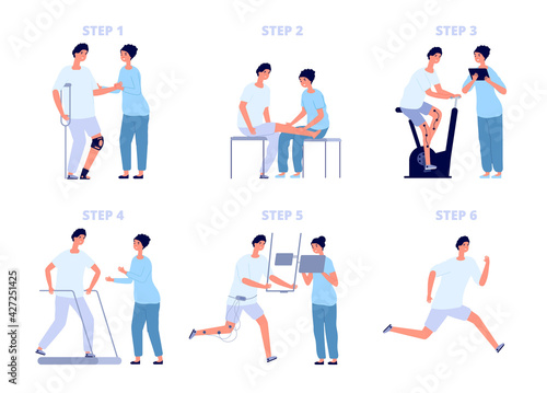 Injury rehabilitation. Stretching, recovery health training. Disability person physiotherapy, leg treatment in hospital with doctor utter vector concept