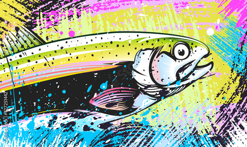 Salmon fishing  logo. Rainbow trout fish club emblem. Fishing theme illustration. Isolated on white.