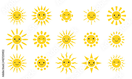 Cute sun emoji. Cute suns smile, fun weather sunlight icons. Isolated sunny faces, summer sunshine heating smiley utter vector collection