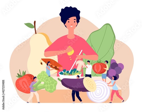 Vegan food concept. Flat groceries elements, fresh retail vegetarian product. Healthy fruit diet, woman cooking vegetables salad utter vector concept