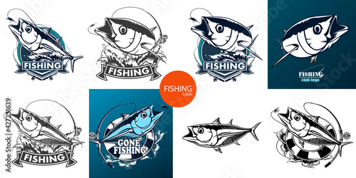 Tuna big fishing on white logo illustration. Vector illustration can be used for creating logo and emblem for fishing clubs, prints, web and other crafts.