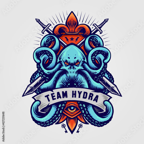 Octopus Kraken Badge Logo Hydra illustrations for your work Logo, mascot merchandise t-shirt, stickers and Label designs, poster, greeting cards advertising business company or brands photo