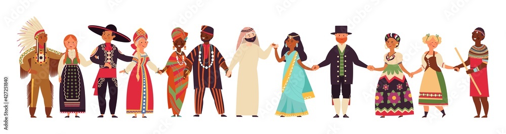 People holding hands. Happy friends, international persons together. Cartoon man woman, community or friendship, adults group decent vector characters