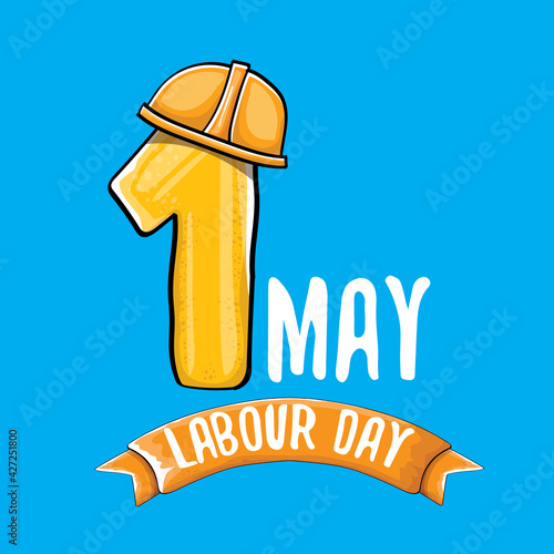 Cartoon Happy labour day vector label isolated on blue. vector happy labor day background or banner with engineer helmet, hummer and wrench. workers may day poster