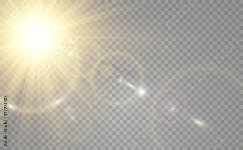 Special lens flash, light effect. The flash flashes rays and searchlight. illust.White glowing light. Beautiful star Light from the rays. The sun is backlit. Bright beautiful star. Sunlight. Glare.	