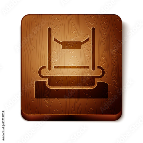 Brown Bungee trampoline attraction with metal ladder icon isolated on white background. Wooden square button. Vector