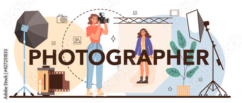 Photographer typographic header. Professional photographer with camera
