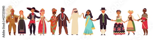 People holding hands. Happy friends, international persons together. Cartoon man woman, community or friendship, adults group decent vector characters