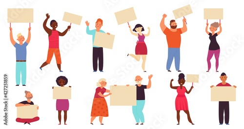 People with placards. Protest walk, political parade group. Isolated demonstration characters, street meeting or protestants action decent vector set