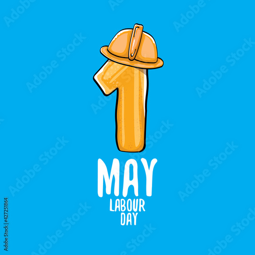 Cartoon Happy labour day vector label isolated on blue. vector happy labor day background or banner with engineer helmet, hummer and wrench. workers may day poster