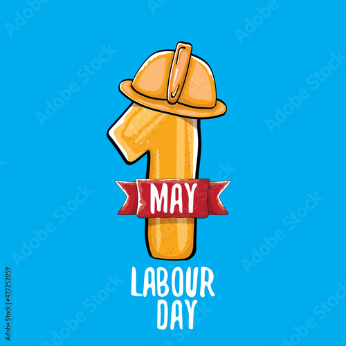 Cartoon Happy labour day vector label isolated on blue. vector happy labor day background or banner with engineer helmet, hummer and wrench. workers may day poster