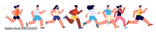 People running marathon. Woman jogging summer, sport athletes or runner. Flat athletic men women, isolated active race utter vector characters