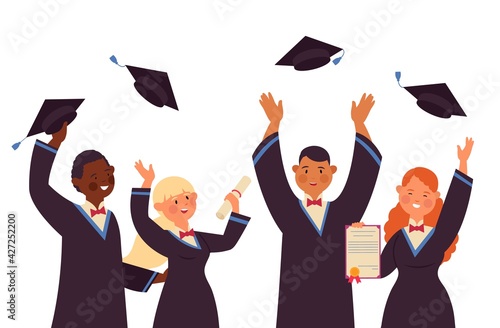 Graduated students. Smiling student, friends celebrating graduation. Funny university boy girl, academy education decent diploma vector concept