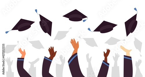 Throwing graduation caps. Cap flying up, student education celebration. University college or school, graduate with academic hats decent vector concept