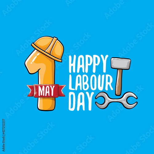 Cartoon Happy labour day vector label isolated on blue. vector happy labor day background or banner with engineer helmet, hummer and wrench. workers may day poster