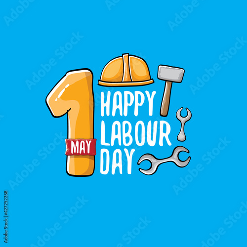 Cartoon Happy labour day vector label isolated on blue. vector happy labor day background or banner with engineer helmet, hummer and wrench. workers may day poster