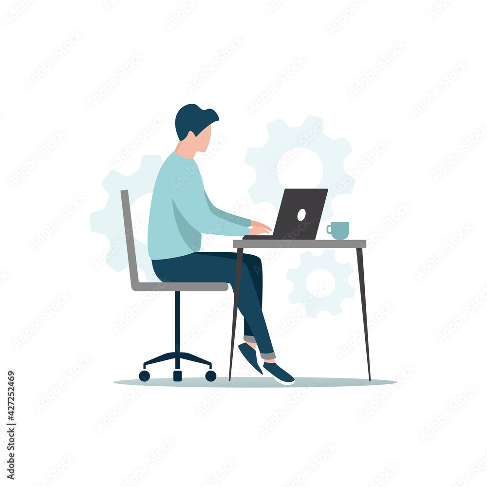 Office work concept. Colored flat illustration of home workplace. A man with a laptop works sitting behind a desk.