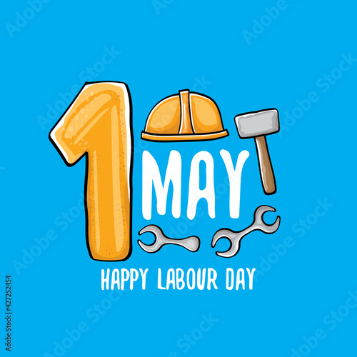 Cartoon Happy labour day vector label isolated on blue. vector happy labor day background or banner with engineer helmet, hummer and wrench. workers may day poster
