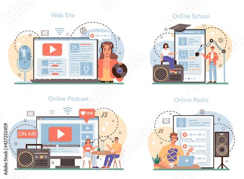 Radio host online service or platform set. Idea of news broadcasting