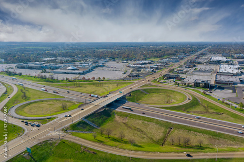 High above highways, interchanges the roads on interstate takes you on a fast transportation highway in Fairview Heights Illinois US drone view