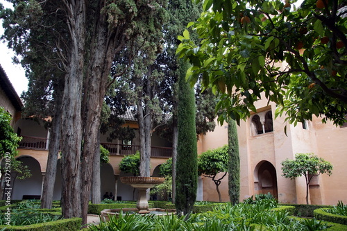 Alhambra or Red Castle in Granada spanish city, located on top of hill al-Sabika. Moorish palace fortress complex in Andalusia, Spain