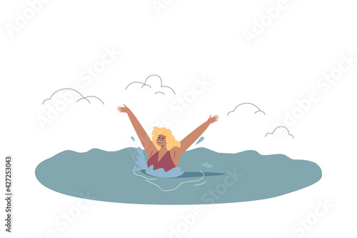 Woman drowning while swimming in sea on beach. Ocean beach emergency situation and lifeguard