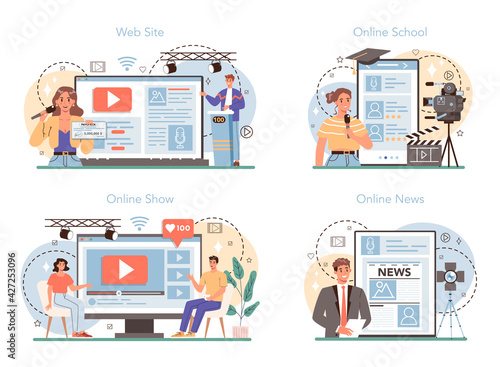 TV presenter online service or platform set. Television host in studio